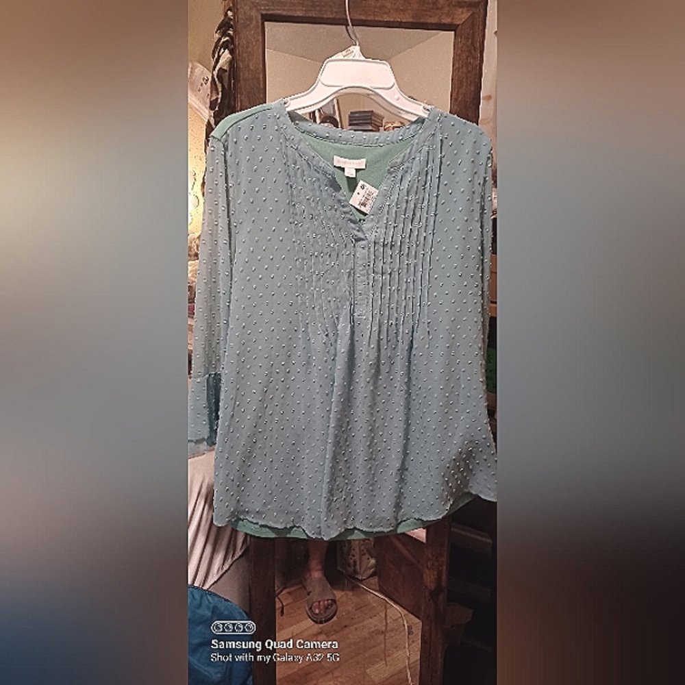 Charter Club Porcelain Green Ditzy Dot Large Size NWT Tunic Style Blouse